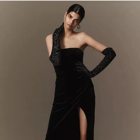 bhldn black velvet dress High-Neck Lace Velvet Maxi Dress